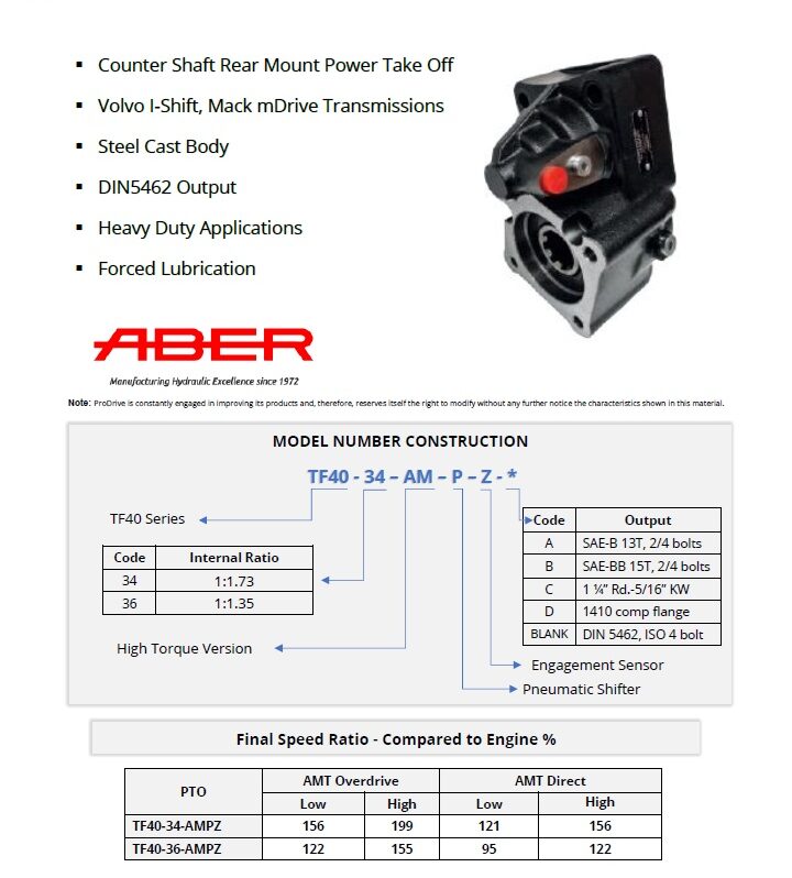 ProDrive PTO Hydraulics TF40 Series PTO spec sheet e1752781223484 - 4 BOLT CAST HD VOLVO I SHIFT MACK MDRIVE PTO PUMP